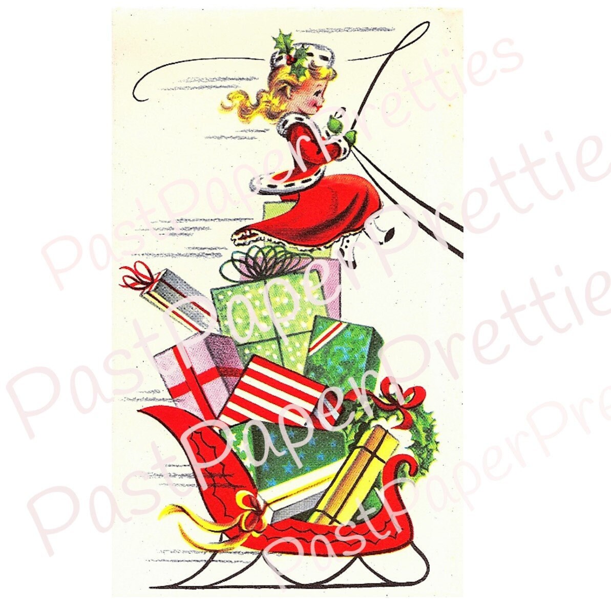 Vintage Printable Cute Little Miss Christmas Shopping Girl Sleigh Presents Greeting Card Image Instant Digital Download Kitsch Clip Art