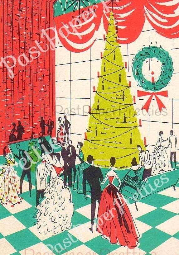 Vintage Printable Mid Century Fancy Grand Christmas Ball Party Card Image Instant Digital Download Kitsch Atomic Chartreuse Holiday Clip Art