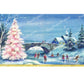 Vintage Printable Snowy Pink Christmas Tree Bridge and Ice Skating Scene Card Image Instant Digital Download Kitsch Retro Holiday Clip Art