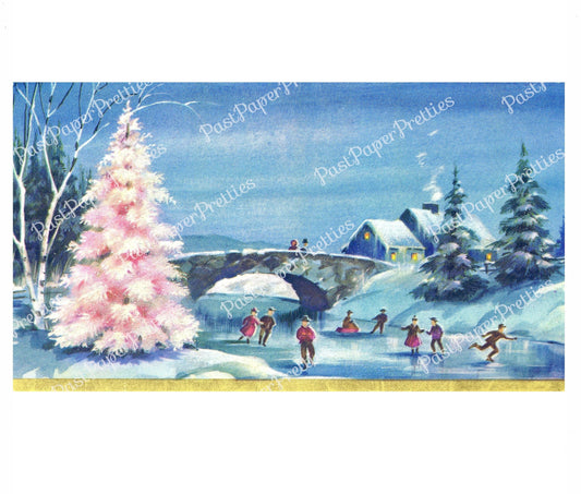 Vintage Printable Snowy Pink Christmas Tree Bridge and Ice Skating Scene Card Image Instant Digital Download Kitsch Retro Holiday Clip Art