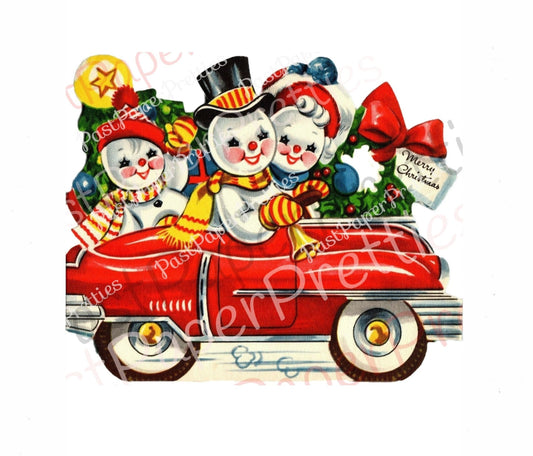 Vintage Printable Christmas Card Happy Retro Snowman Snow Family In Car Image c. 1940s Instant Digital Download Kitsch Holiday Clip Art