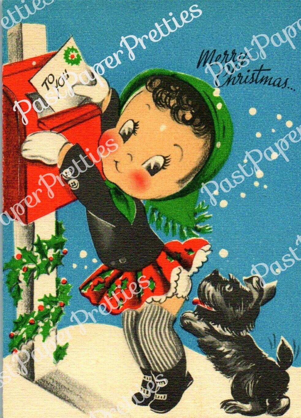 Vintage Printable Christmas Card Sweet Big Eyed Girl and Scottie Dog Image Retro 1950s Instant Digital Download Kitsch Holiday Clip Art