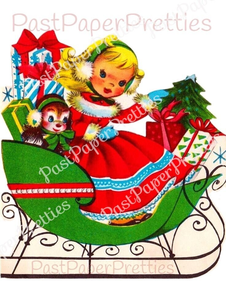 Vintage Printable Little Miss Christmas Cute Girl Holiday Sleigh Card Image c. 1950s Instant Digital Download Xmas Clip Art PNG JPEG 300 dpi