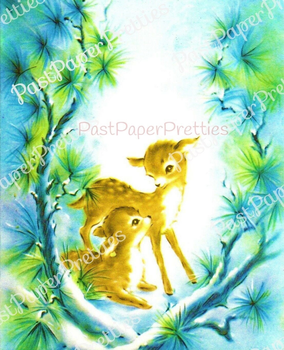 Vintage Printable Christmas Card Baby Reindeer Fawn in Blue Green Forest Image Instant Digital Download Woodland Forest Animals 300 dpi