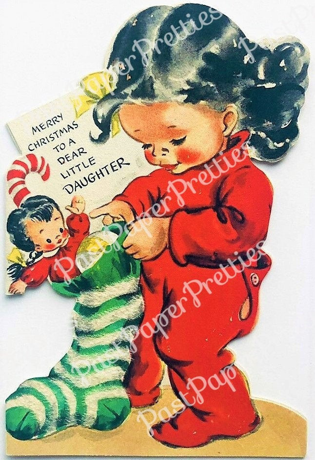 Vintage Printable Cute Little Christmas Girl Red Pajamas Stocking Card Image 1940s Instant Digital Download Kitsch Holiday Clip Art 300 dpi