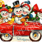 Vintage Printable Christmas Card Happy Retro Snowman Snow Family In Car Image c. 1940s Instant Digital Download Kitsch Holiday Clip Art