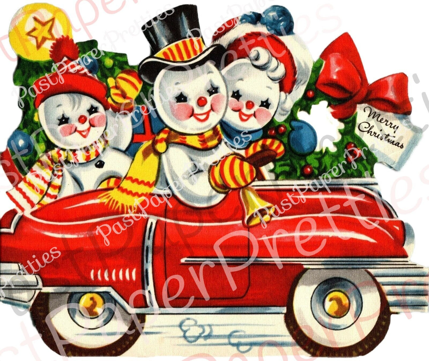 Vintage Printable Christmas Card Happy Retro Snowman Snow Family In Car Image c. 1940s Instant Digital Download Kitsch Holiday Clip Art