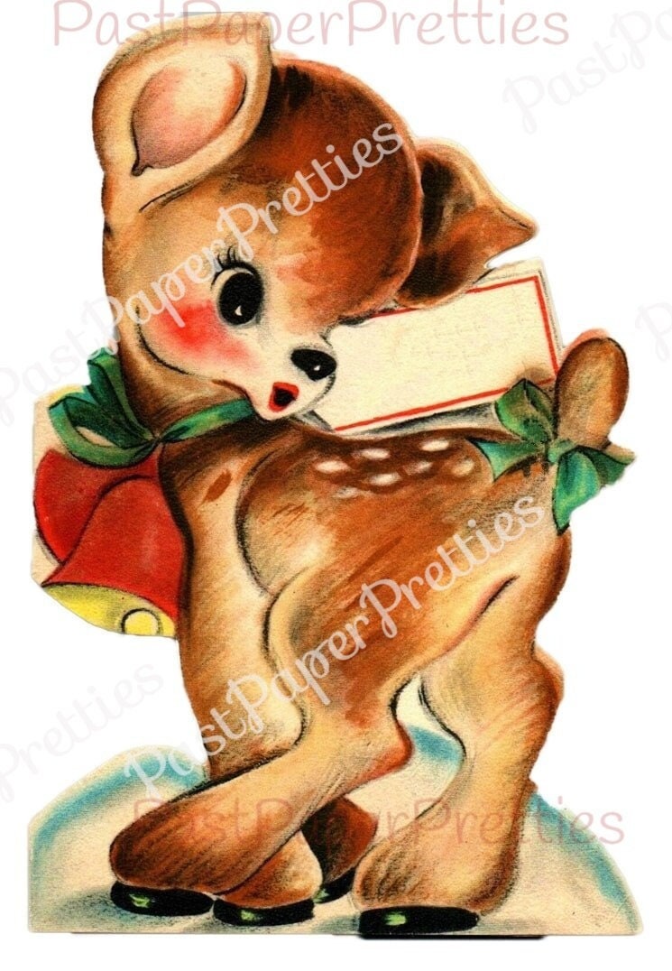 Vintage Printable Jingle Bell Reindeer Deer Christmas Card Image Kitsch Coy Fawn PDF Instant Digital Download Woodland Forest Animal
