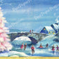 Vintage Printable Snowy Pink Christmas Tree Bridge and Ice Skating Scene Card Image Instant Digital Download Kitsch Retro Holiday Clip Art