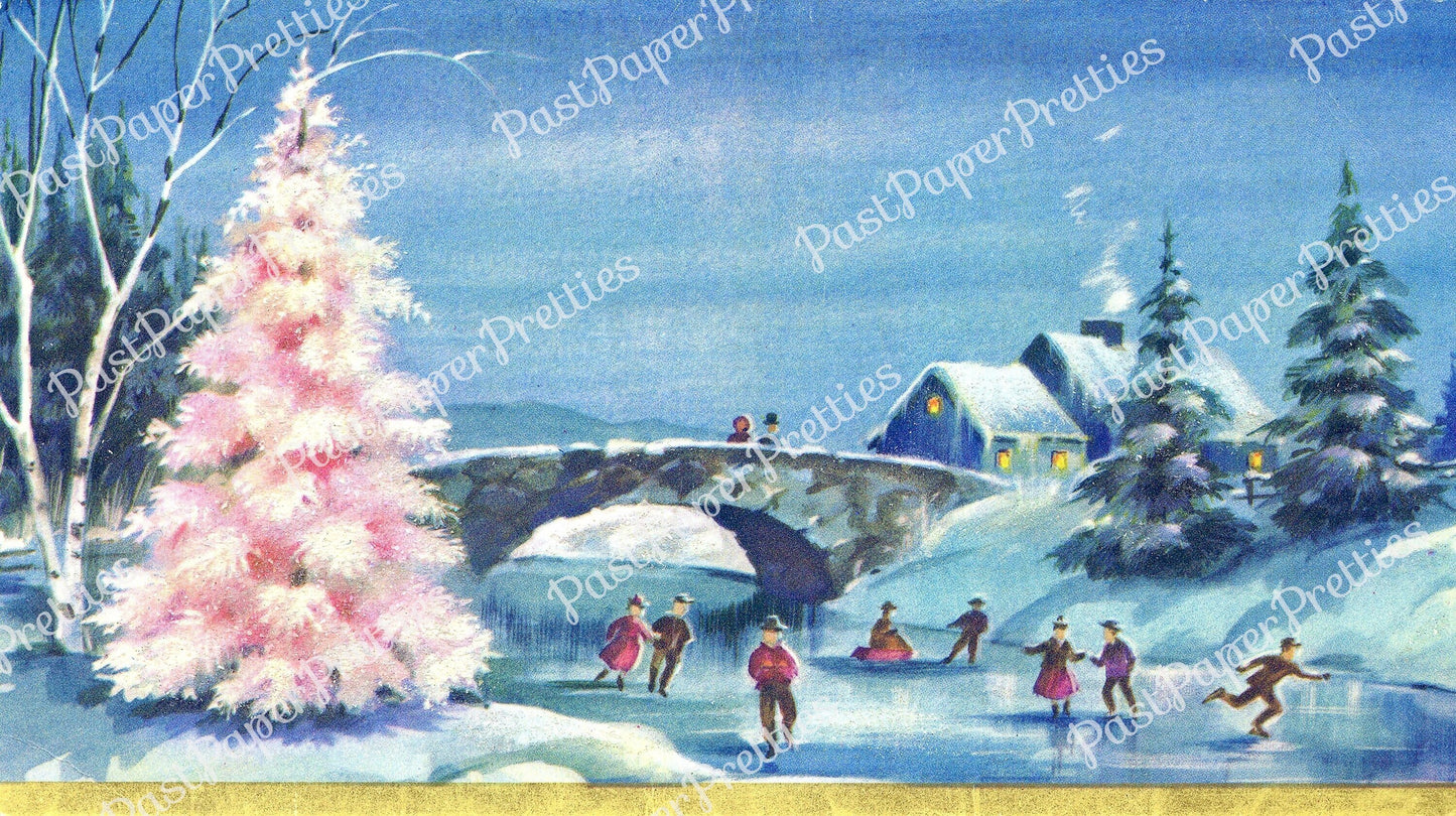 Vintage Printable Snowy Pink Christmas Tree Bridge and Ice Skating Scene Card Image Instant Digital Download Kitsch Retro Holiday Clip Art