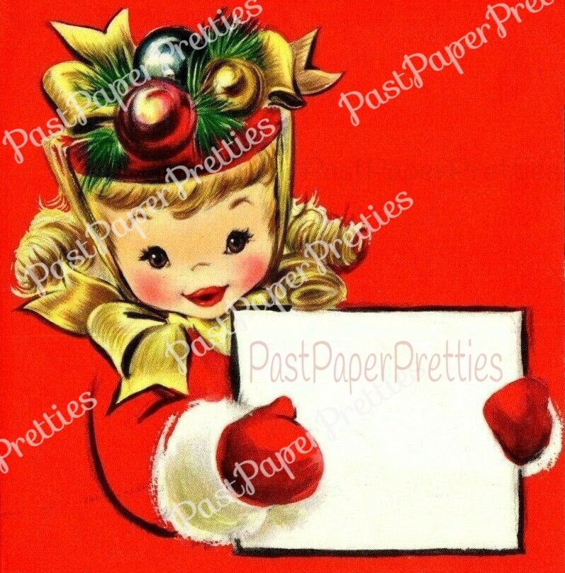 Vintage Printable Little Miss Merry Christmas Girl Fancy Hat Gift Tag Collage Card Image c. 1950 PDF Instant Digital Download 300 dpi