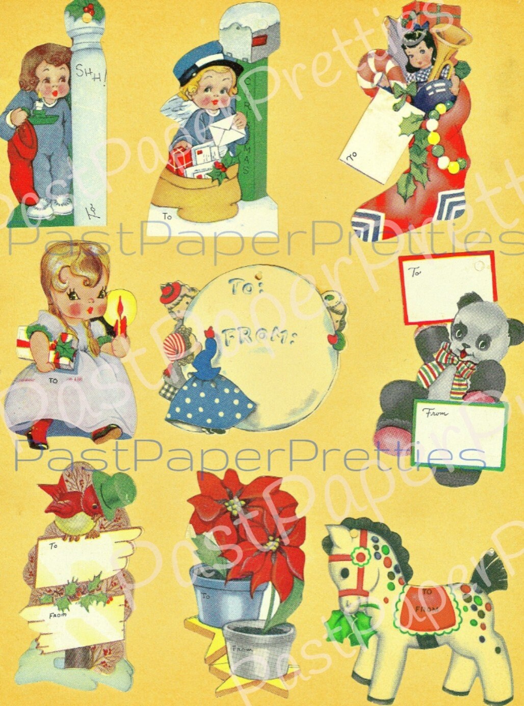 Vintage Printable Christmas Gift Tags Seals Stickers Collage PDF Instant Digital Download Retro 1930s 1940s Cute Kitsch Holiday Clip Art