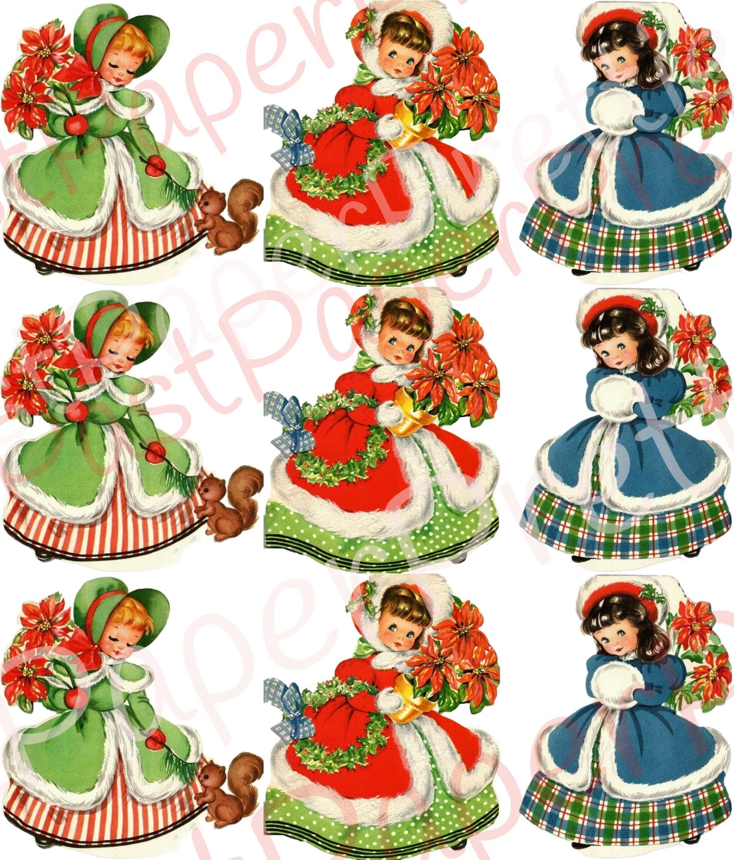 Vintage Printable Pretty Old Fashioned Christmas Girls Christmas Card Images c. 1940s PDF Instant Digital Download Xmas Clipart 300 dpi