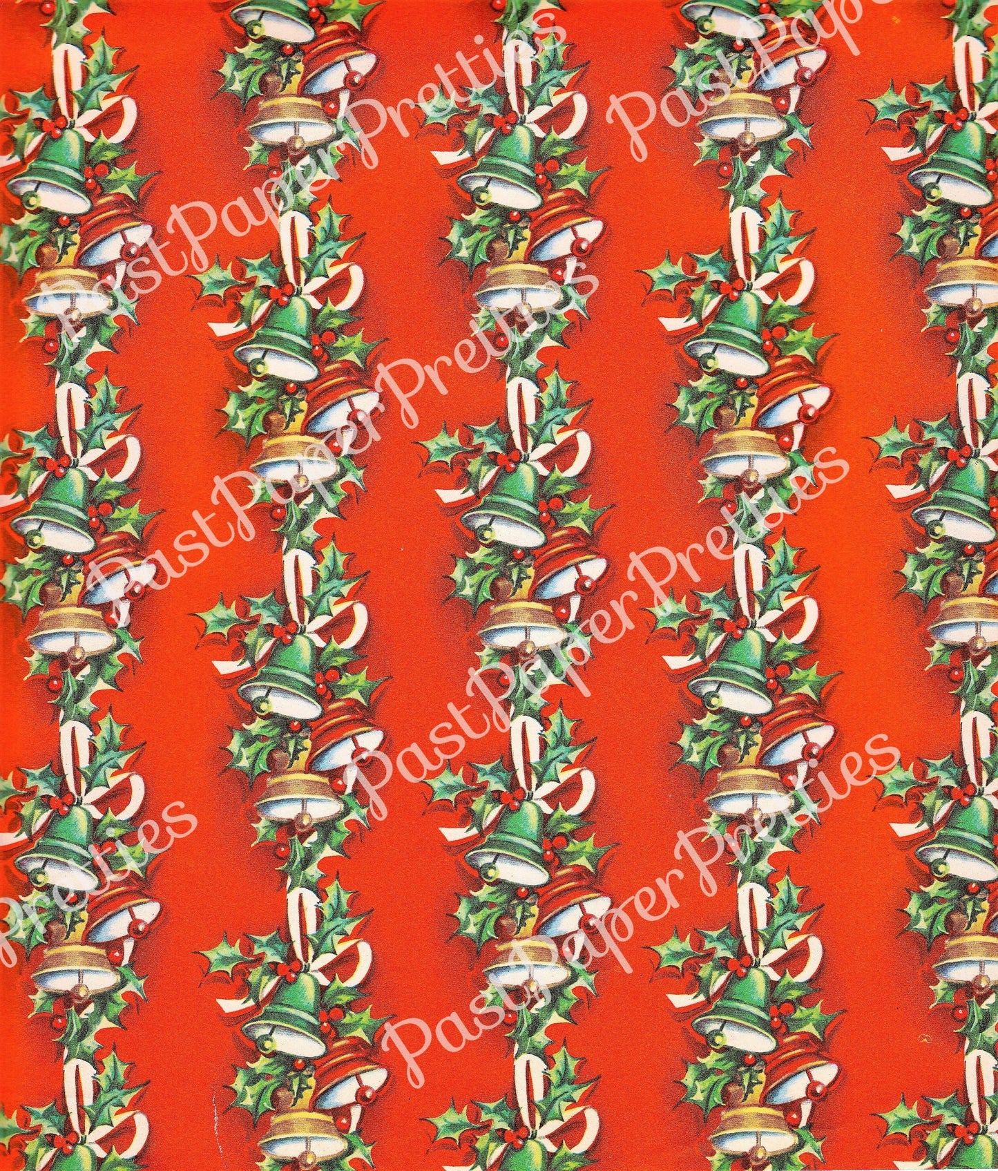 Vintage Printable Christmas Bells with Holly Gift Wrap Retro Wrapping Paper Collage Sheet Instant Digital Download 300 dpi