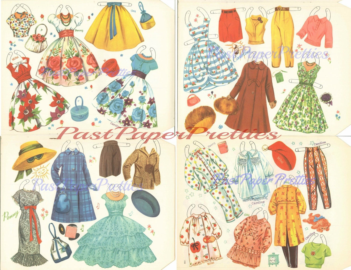 Vintage Mademoiselle Paper Dolls c. 1950s Printable PDF Instant Digital Download 4 Pretty French Girls & Boutique Outfits Clip Art