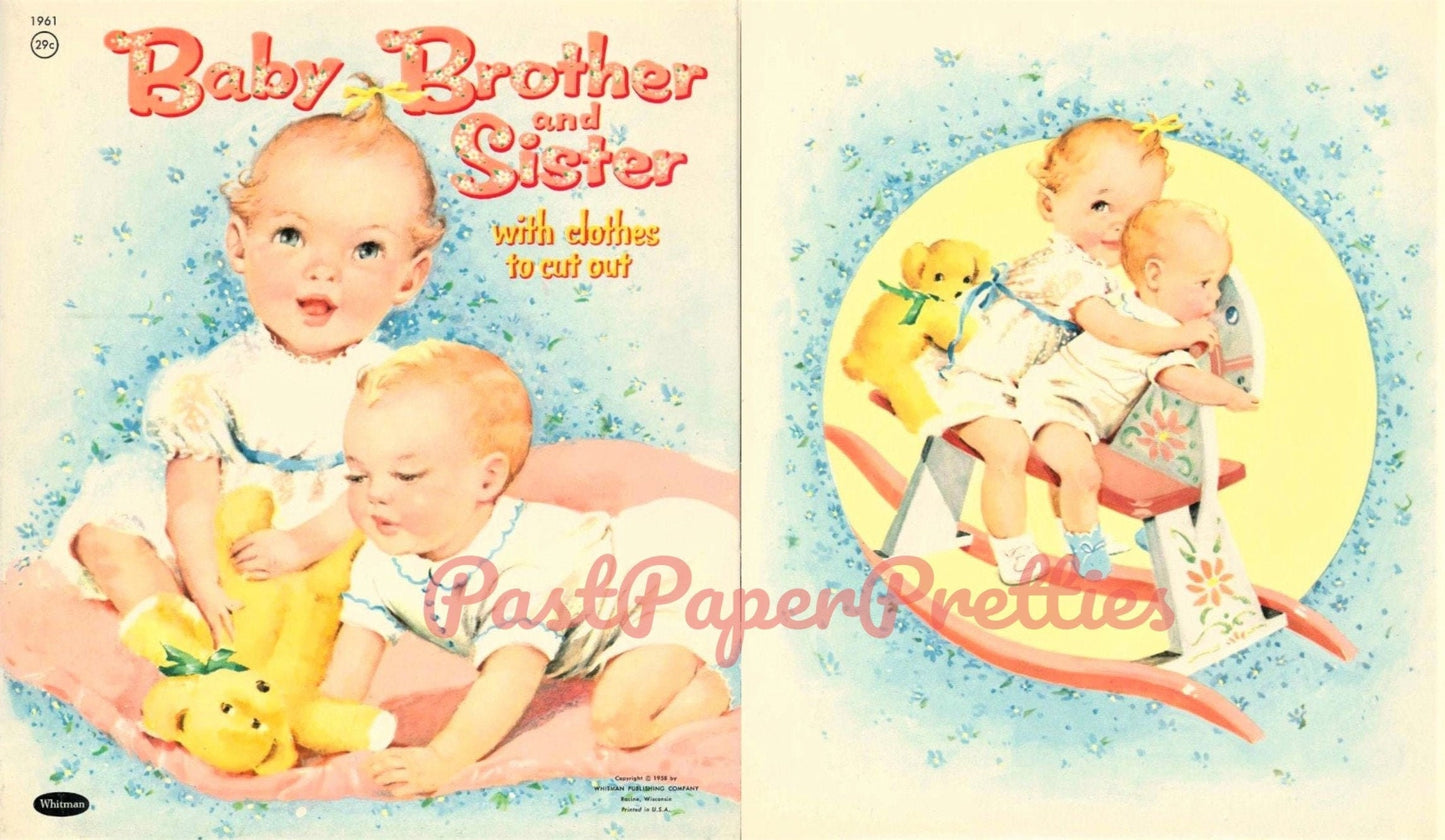 Vintage Paper Dolls Baby Brother and Sister Cute Twin Babies c. 1958 Printable PDF Instant Digital Download Infant Siblings Clip Art