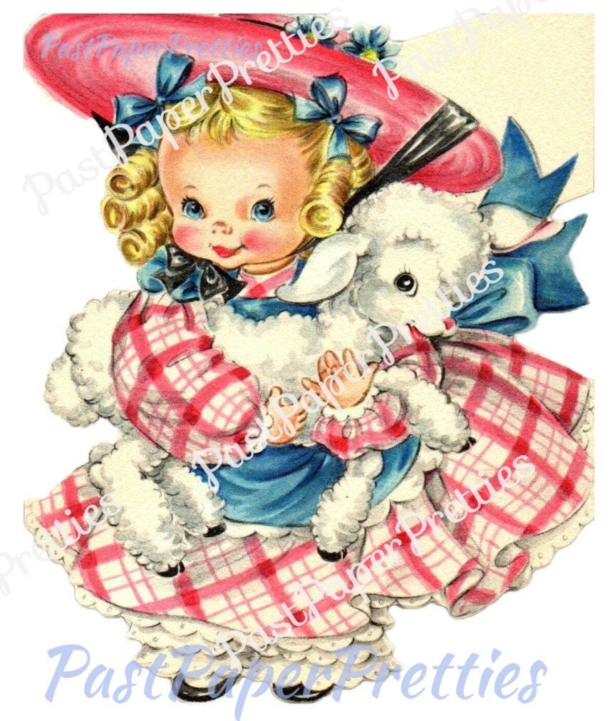Vintage Printable Easter Card Pretty Ringlets Girl with Lamb and Tartan Dress PDF Image Instant Digital Download 300 dpi JPEG PNG