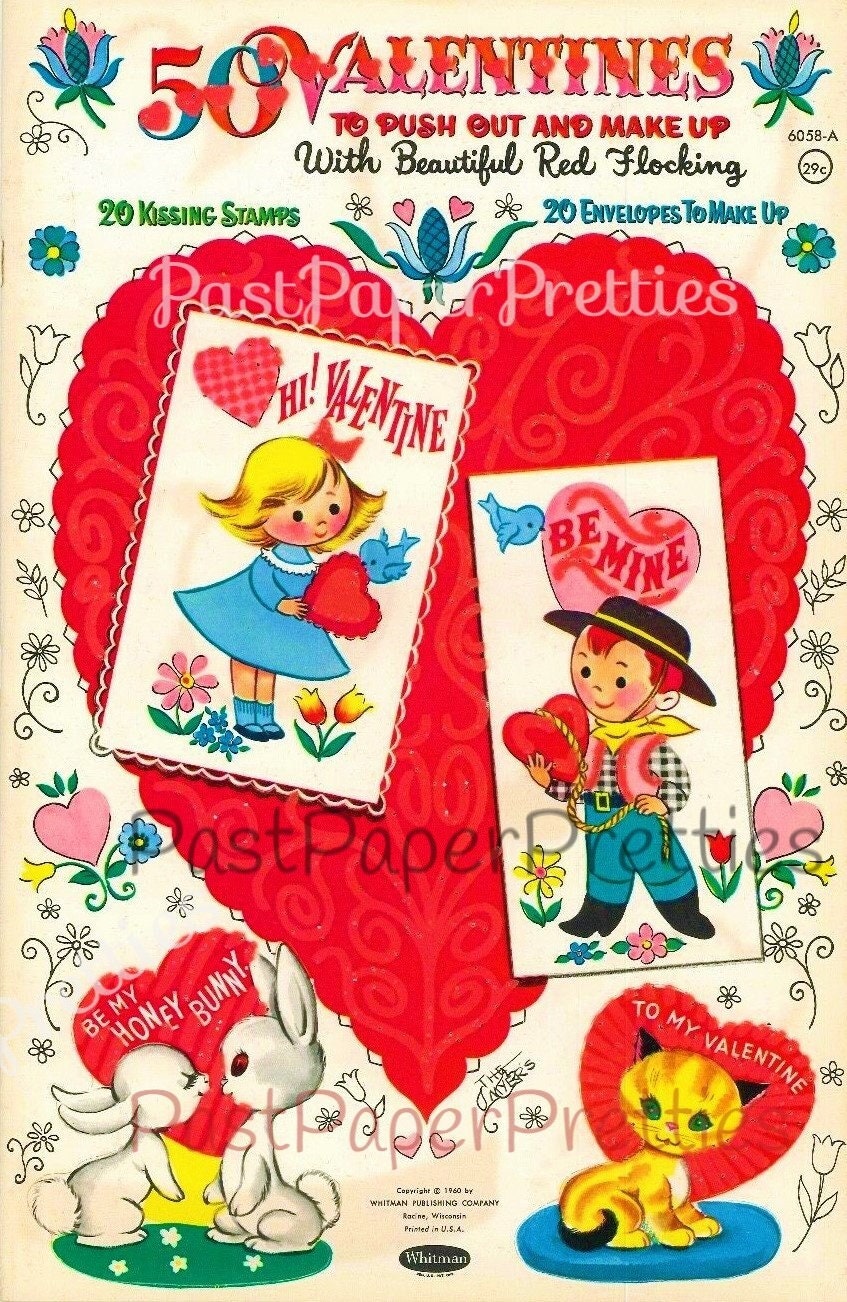 50 Vintage Printable Valentine Cards Kissing Stamps Retro 1960 Cute Kitsch Girls Boys Animals Collage Sheets PDF Instant Digital Download