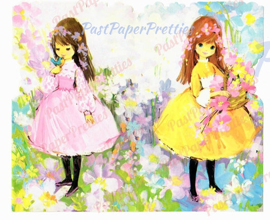 Vintage Printable Pretty Young Mod Girls Springtime Flowers Card Images PDF Instant Digital Download Floral Watercolor Little Ladies 300 dpi