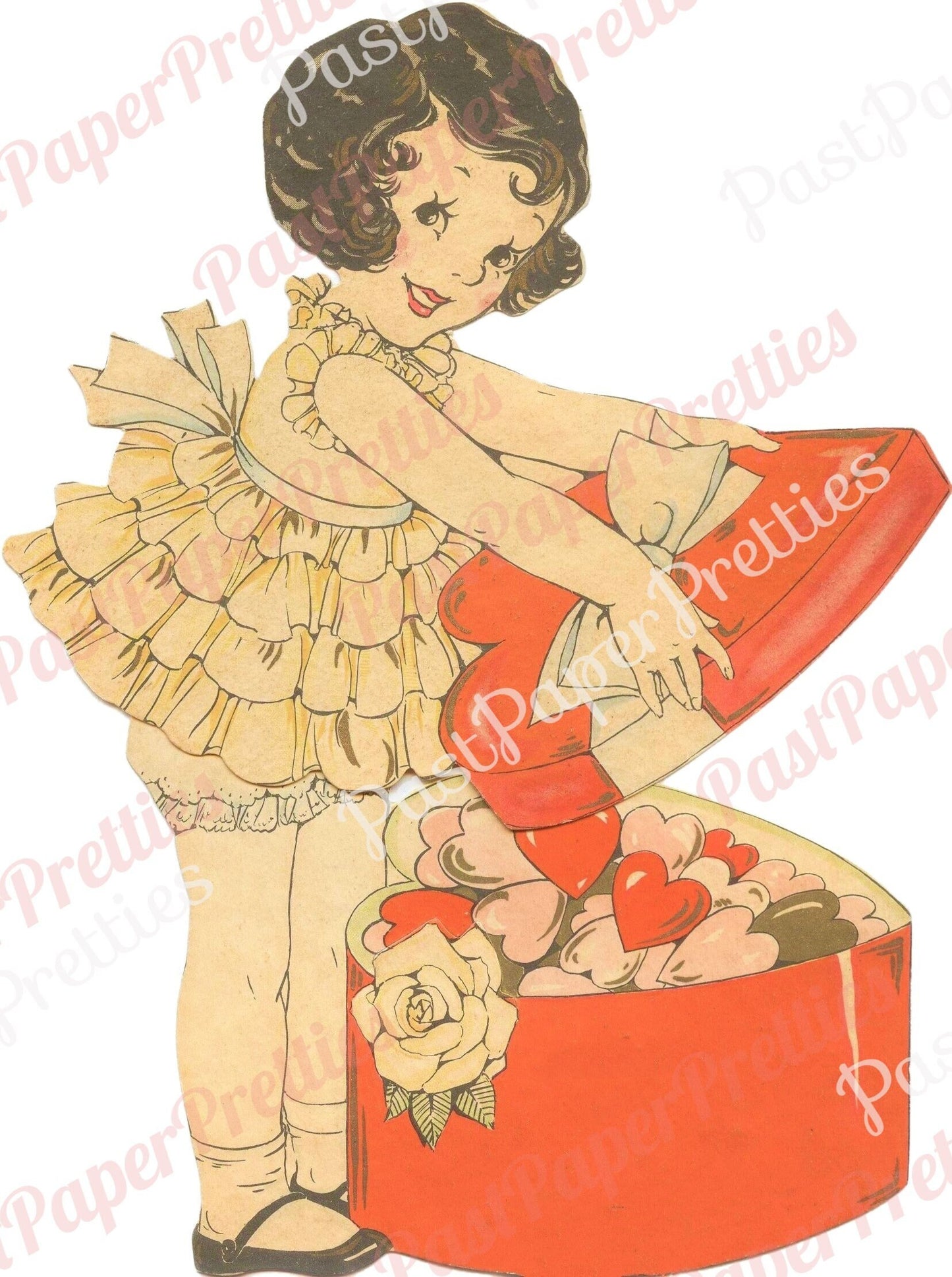 Vintage Antique Printable Valentine Art Deco Little Girl with Frilly Dress and Hatbox Card Image c. 1930s Instant Digital Download