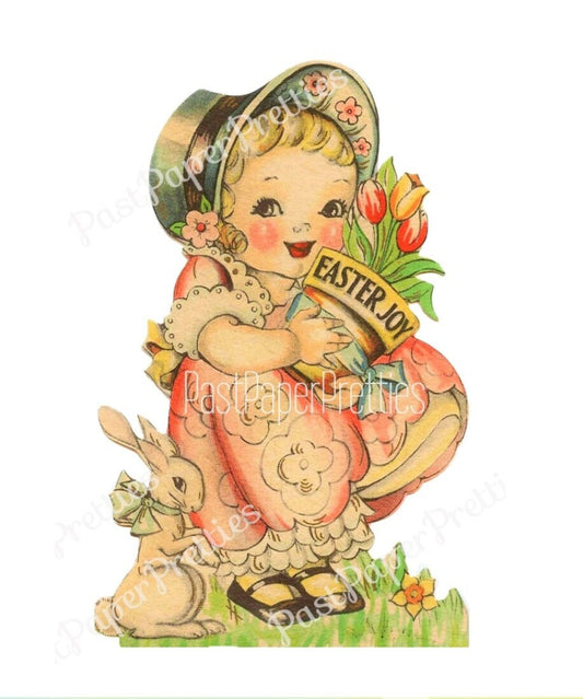 Vintage Printable Antique Easter Card Image Cute Sunbonnet Girl with Bunny 1930s Instant Digital Download Art Deco Clip Art 300 dpi