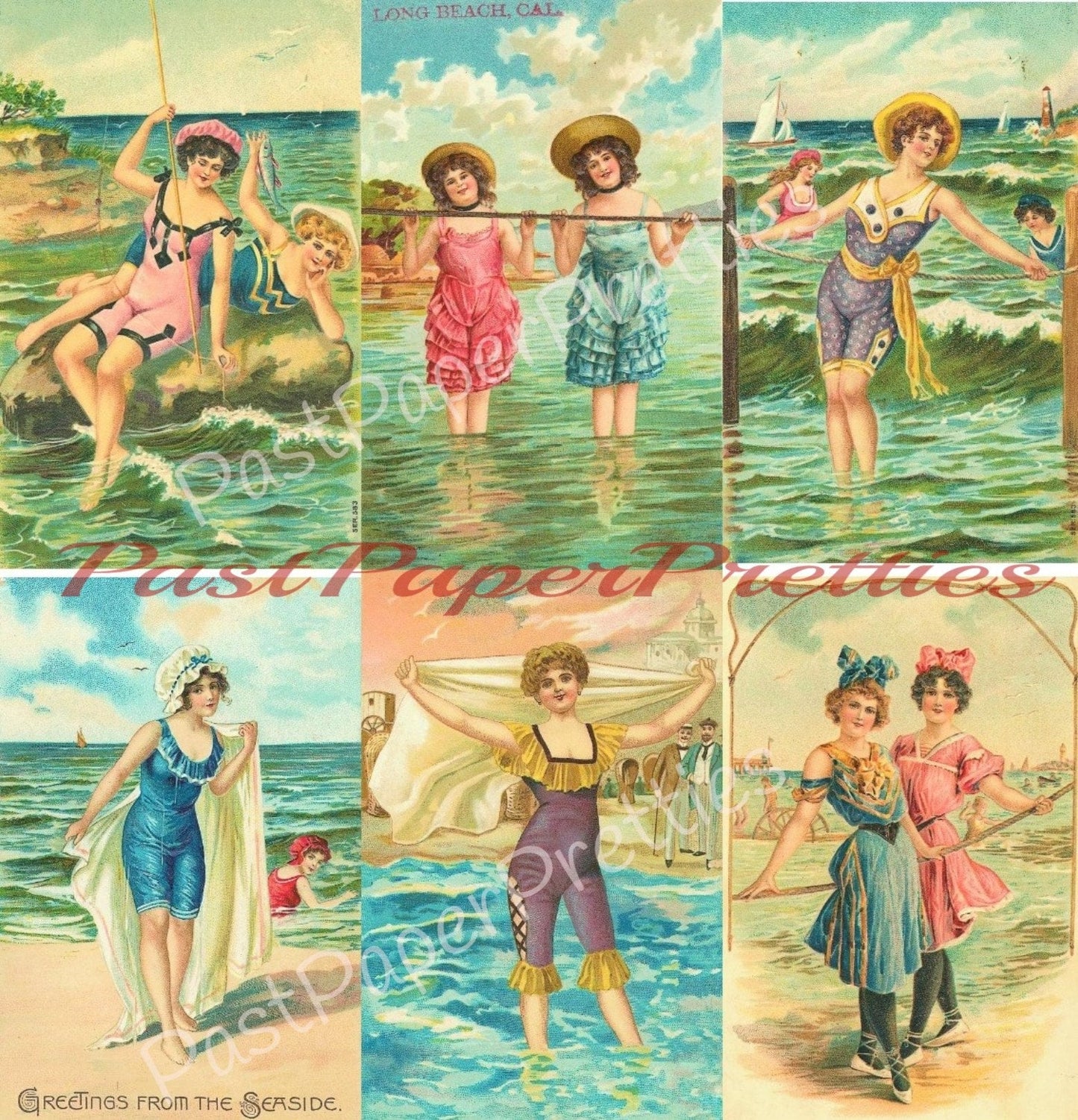 Vintage Printable Victorian Bathing Beauties Beach Postcard Images 1905 PDF Instant Digital Download 6 Pretty Old Timey Ladies 300 dpi