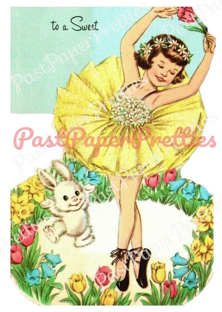 Vintage Printable Easter Clipart Pretty Girl Ballerina Dancing in Flower Ring Card Image c. 1940s PDF Instant Digital Download 300 dpi JPEG