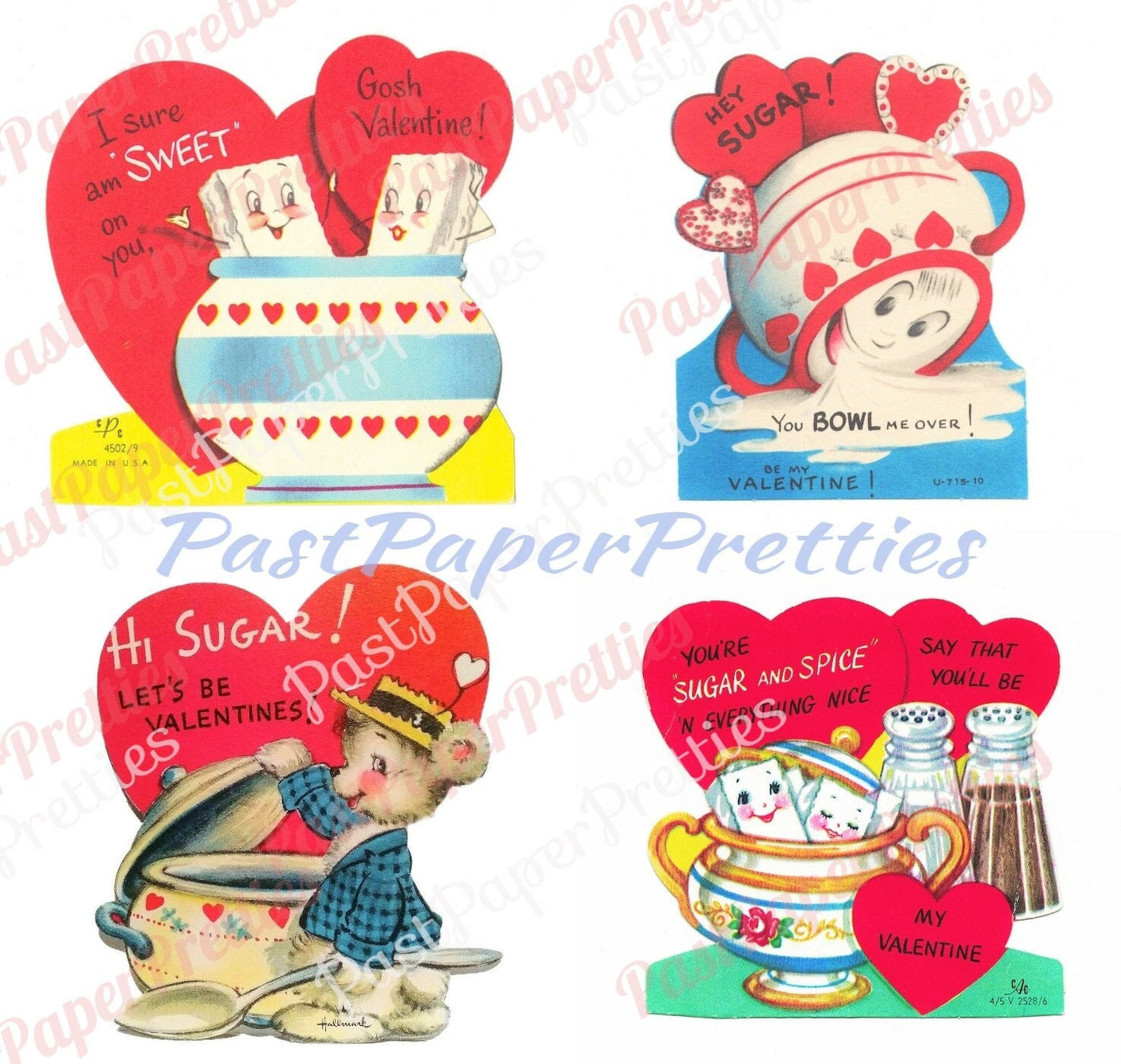 Vintage Printable Valentines Day Cards Sweet Sugar Bowls Theme Collage Sheets PDF Instant Digital Download Retro Valentines JPEG PNG