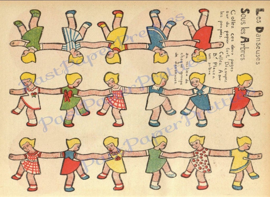 Vintage Dancing French Girls Paper Doll Strings Chains Printable Instant Digital Download Kitsch Cute Little Ladies Clip Art