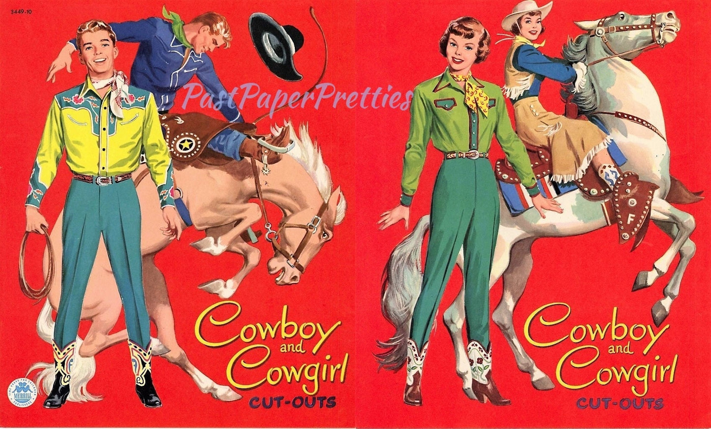 Vintage Paper Dolls Cowboy and Cowgirl c. 1955 Printable PDF Instant Digital Download Cute Western Lady Man Dolls and Outfits Clip Art