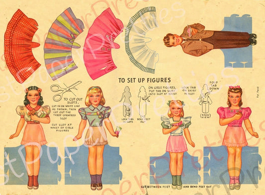 Vintage Paper Dolls Birthday Party Stand-Up Cut-Out Dolls c. 1944 Printable PDF Instant Digital Download Cute Boys Girls Wrap Around Skirts