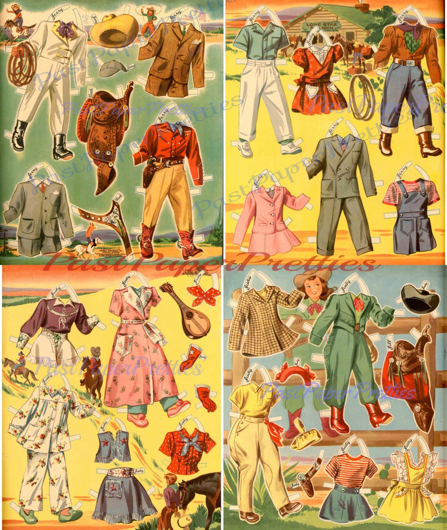 Vintage Paper Dolls Ride A Pony c. 1944 Printable PDF Instant Digital Download Cute Little Cowgirl Cowboy Western Dolls and Horses Clip Art