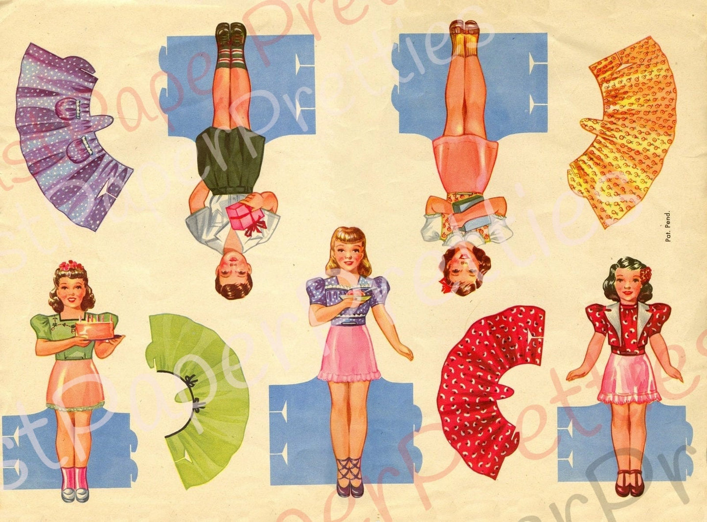 Vintage Paper Dolls Birthday Party Stand-Up Cut-Out Dolls c. 1944 Printable PDF Instant Digital Download Cute Boys Girls Wrap Around Skirts