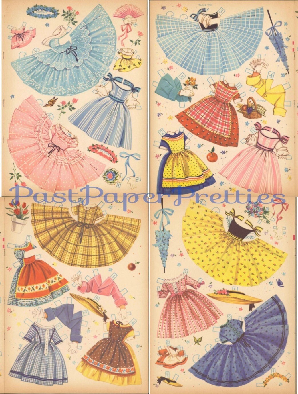 Vintage Paper Dolls Cute Umbrella Girls Printable PDF Instant Digital Download Kitschy Flower Parasol Girls Wrap Around Dresses