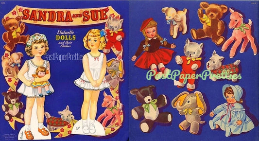 Vintage Paper Dolls Sandra and Sue c. 1948 PDF Instant Digital Download Kitsch Cute Kawaii Girls and Their Toys Printable Clip Art