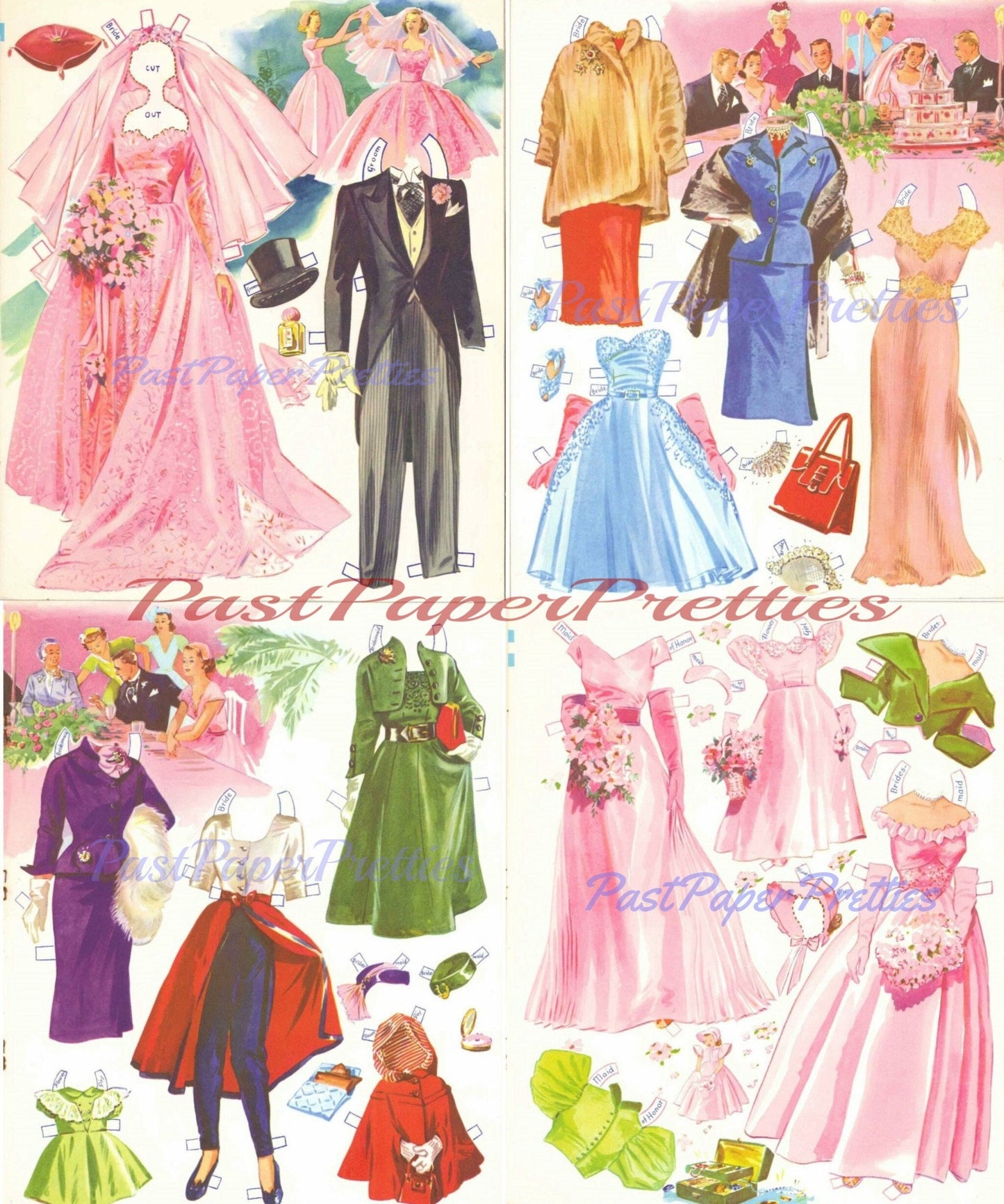 Vintage Paper Dolls The Pink Wedding 1952 Printable PDF Instant Digital Download Wedding 6 Bridal Party Dolls & Clothes