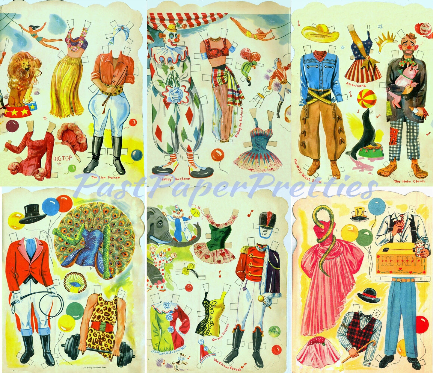 Vintage Circus Paper Dolls c. 1952 Printable PDF Instant Digital Download 4 Fun Circus Trapeze Performers Big Top Clown Clip Art