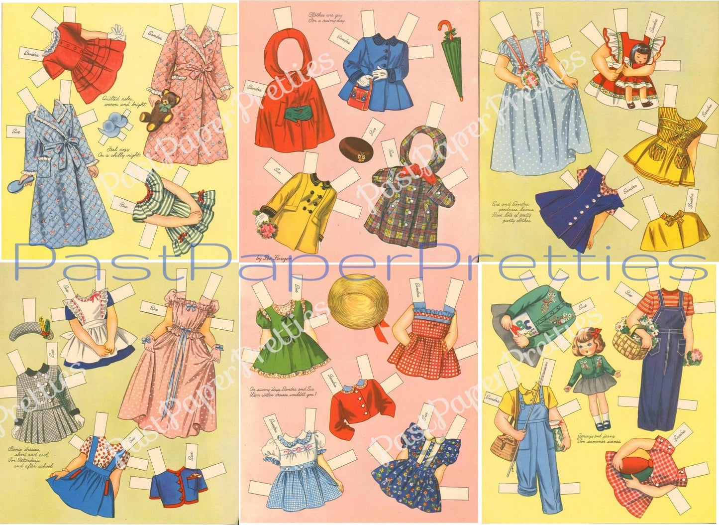 Vintage Paper Dolls Sandra and Sue c. 1948 PDF Instant Digital Download Kitsch Cute Kawaii Girls and Their Toys Printable Clip Art