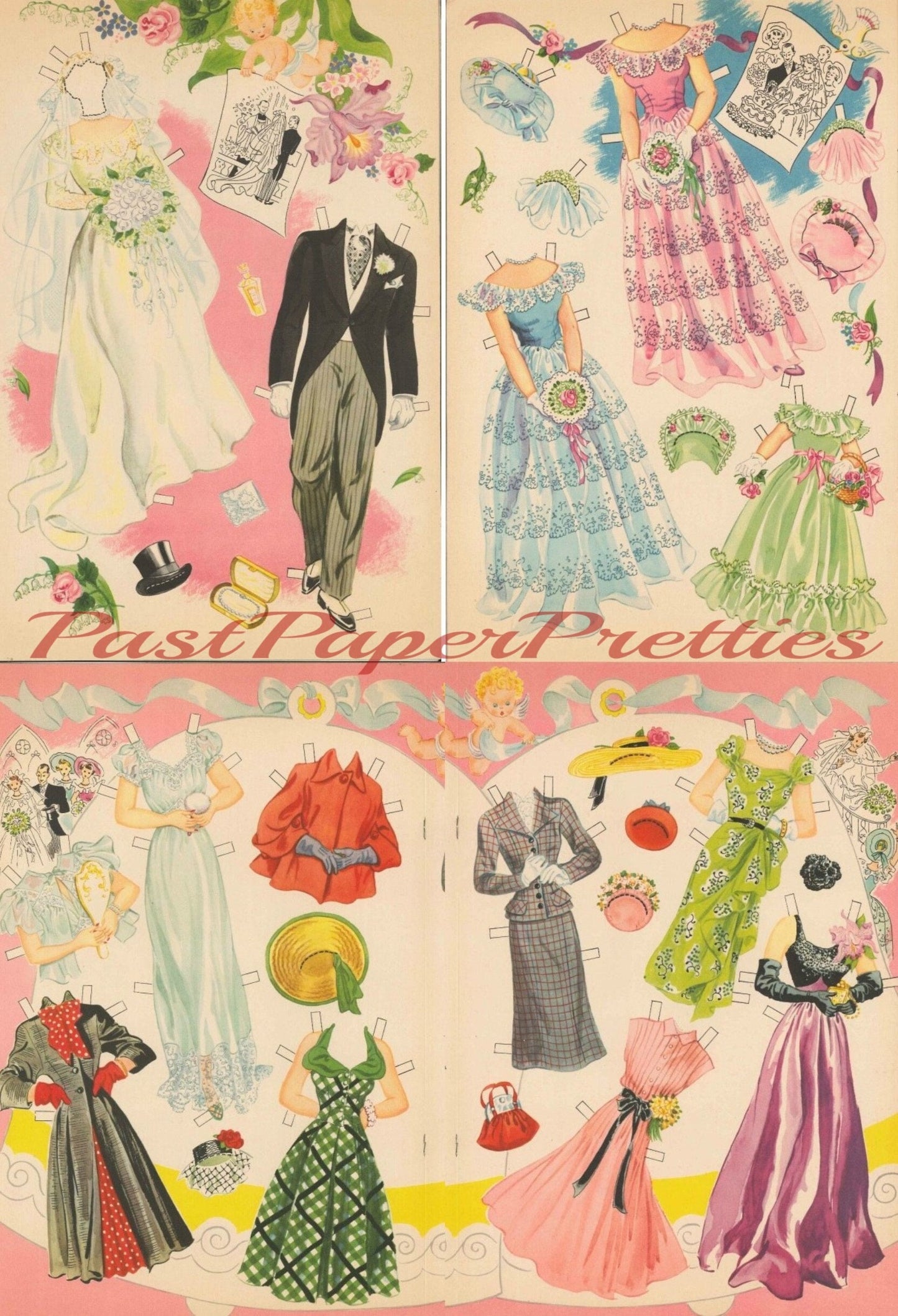 Vintage Paper Dolls Bridal Party Cut-Out Dolls c. 1950 Printable PDF Instant Digital Download Cute Kitsch Wedding Party Bride Groom Clip Art