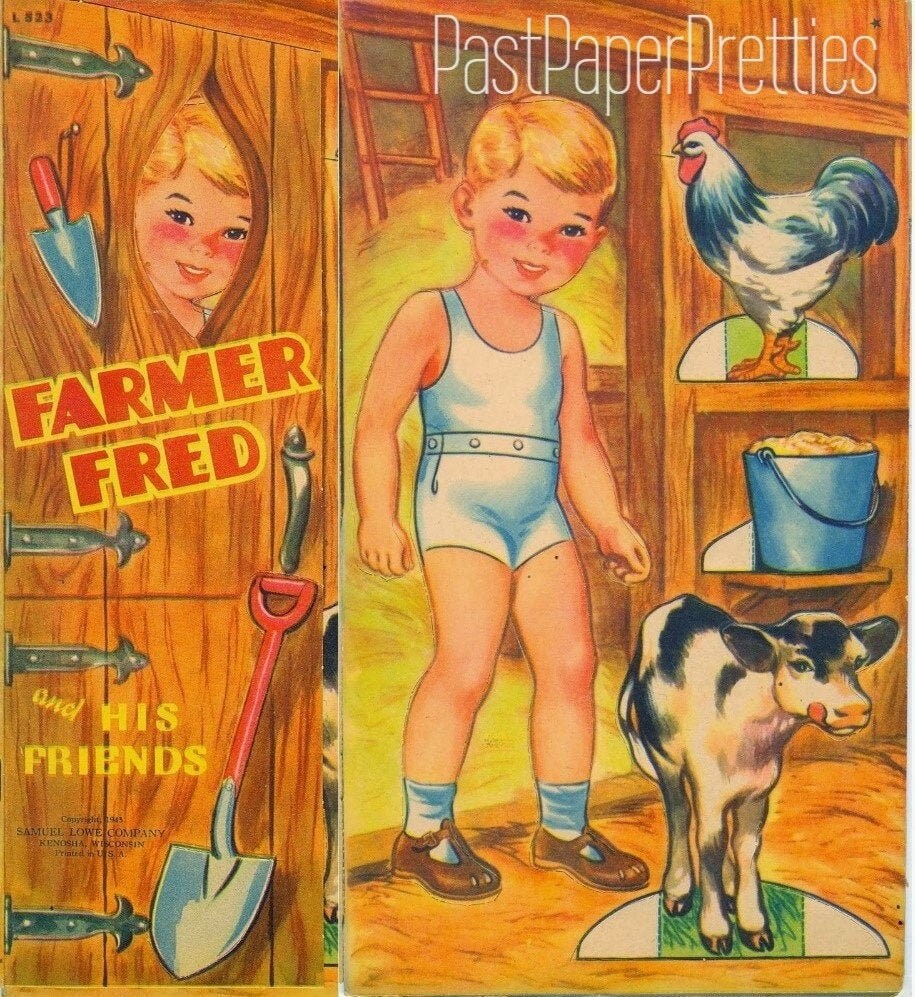 Vintage Paper Dolls Farmer Fred and His Friends c. 1943 Printable PDF Instant Digital Download Cute Little Boy Farm Animals Clip Art