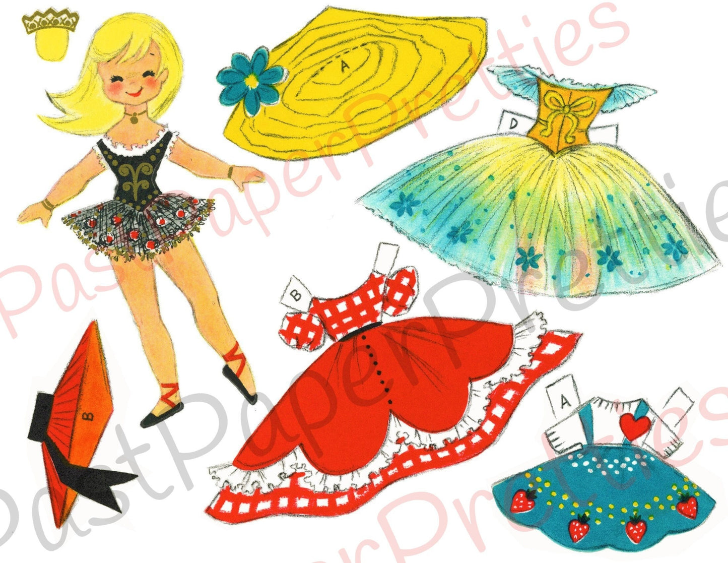 Vintage Paper Dolls Cute Adorable Little Ballerina Girl and Pretty Costumes c. 1960s Printable Collage Sheets PDF Instant Digital Download