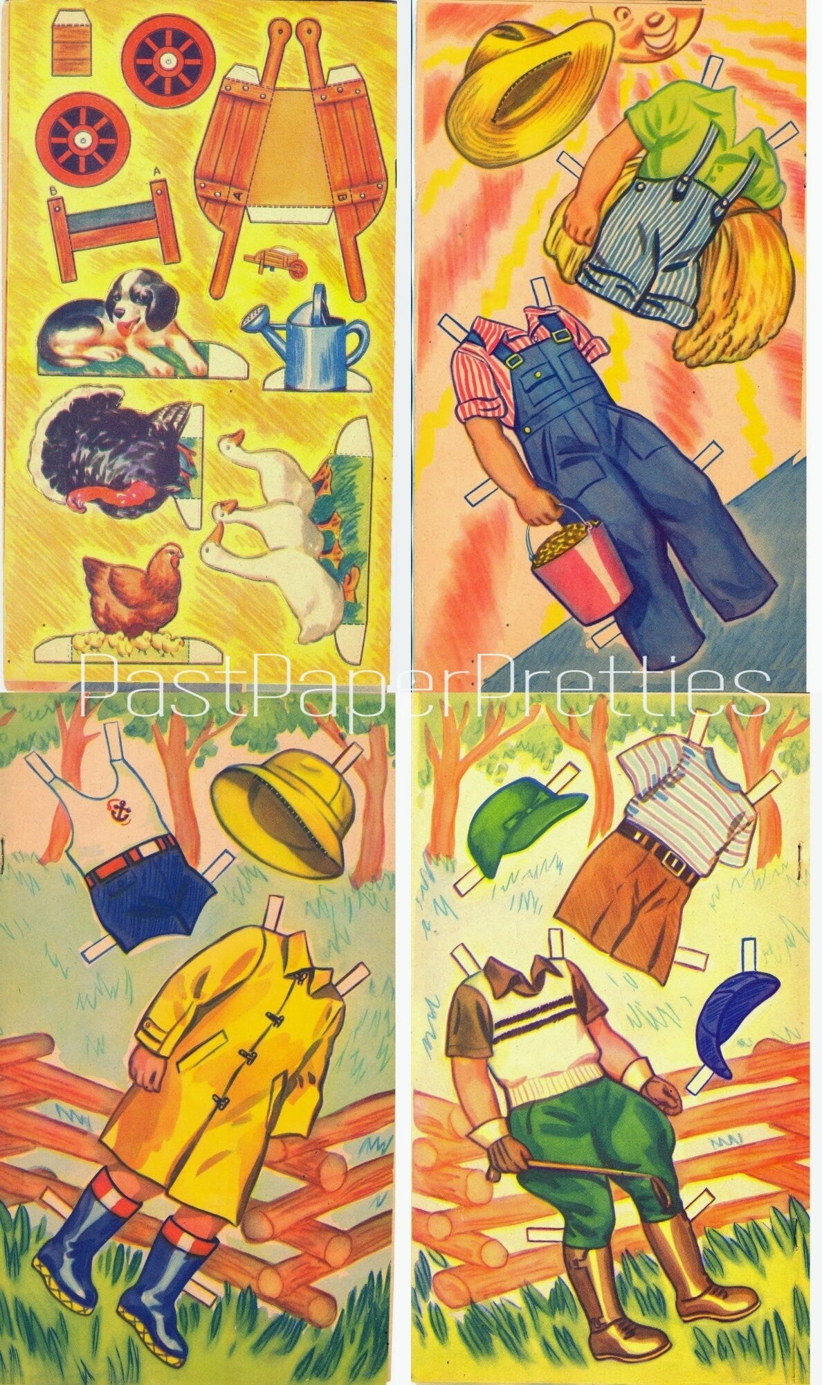 Vintage Paper Dolls Farmer Fred and His Friends c. 1943 Printable PDF Instant Digital Download Cute Little Boy Farm Animals Clip Art