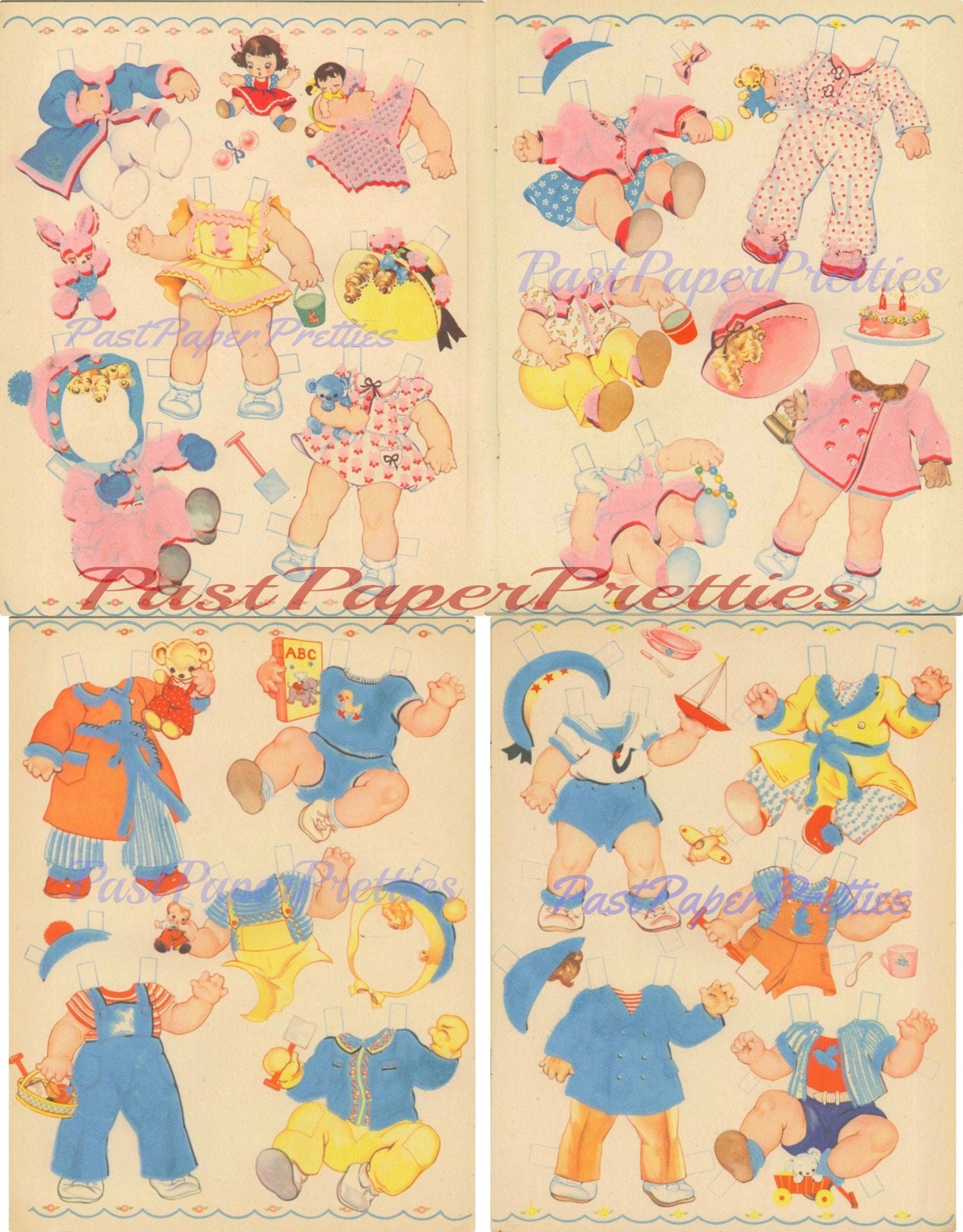 Vintage Paper Dolls Baby Dolls with Cloth-Like Clothes c. 1944 Printable PDF Instant Digital Download 4 Kitschy Cute Kawaii Babies Clip Art