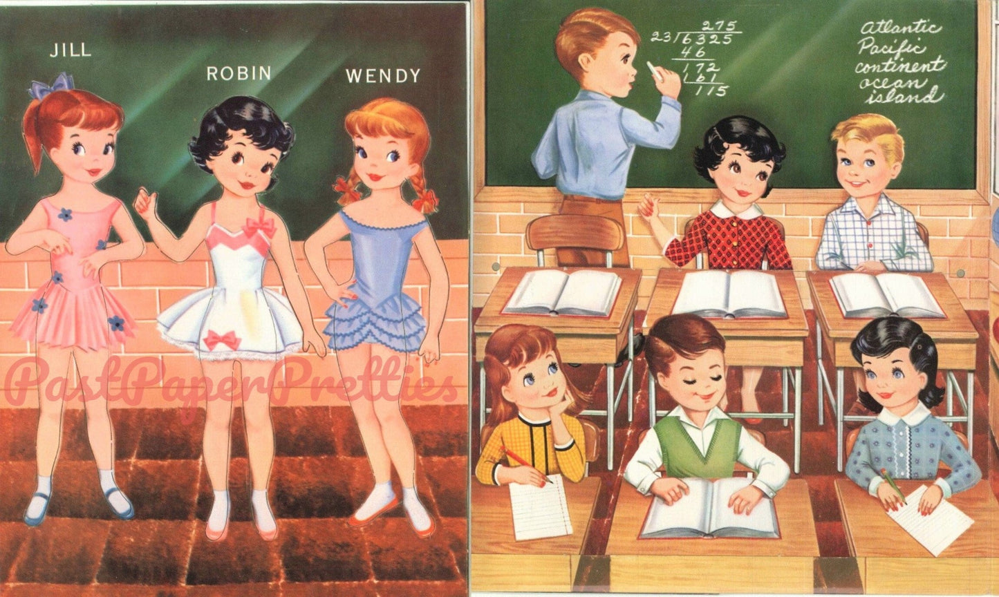 Vintage Paper Dolls School Days c. 1959 Printable PDF Instant Digital Download 3 Cute Pretty Little Girls School Friends Dolls Clip Art