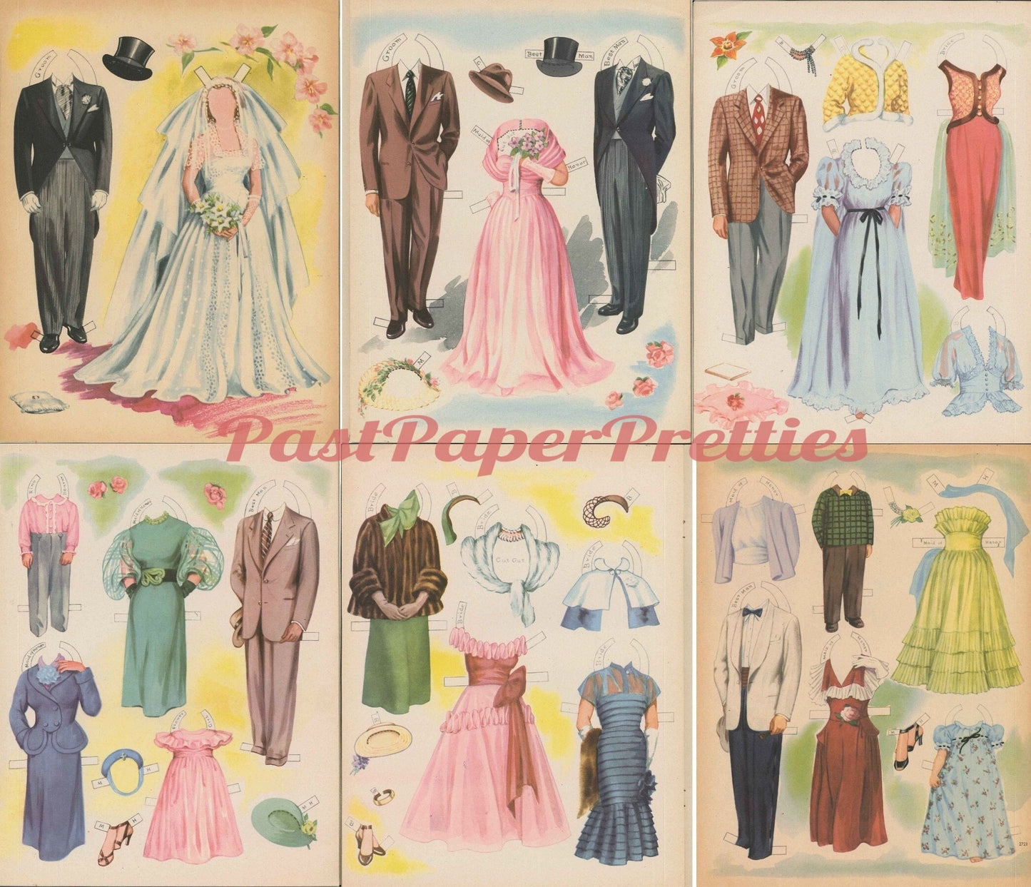 Vintage Paper Dolls Wedding Party 1951 PDF Printable Instant Digital Download Wedding 4 Bridal Party Dolls & Clothes Retro Clip Art