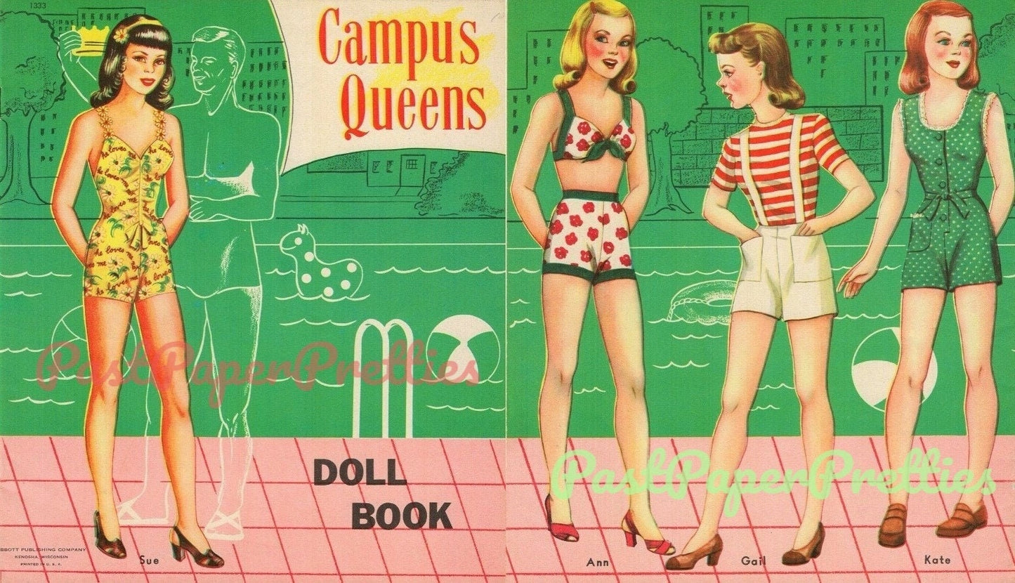 Vintage Paper Dolls Campus Queens c. 1940s Printable PDF Instant Digital Download 4 Pretty College Girls University Student Dolls Clip Art