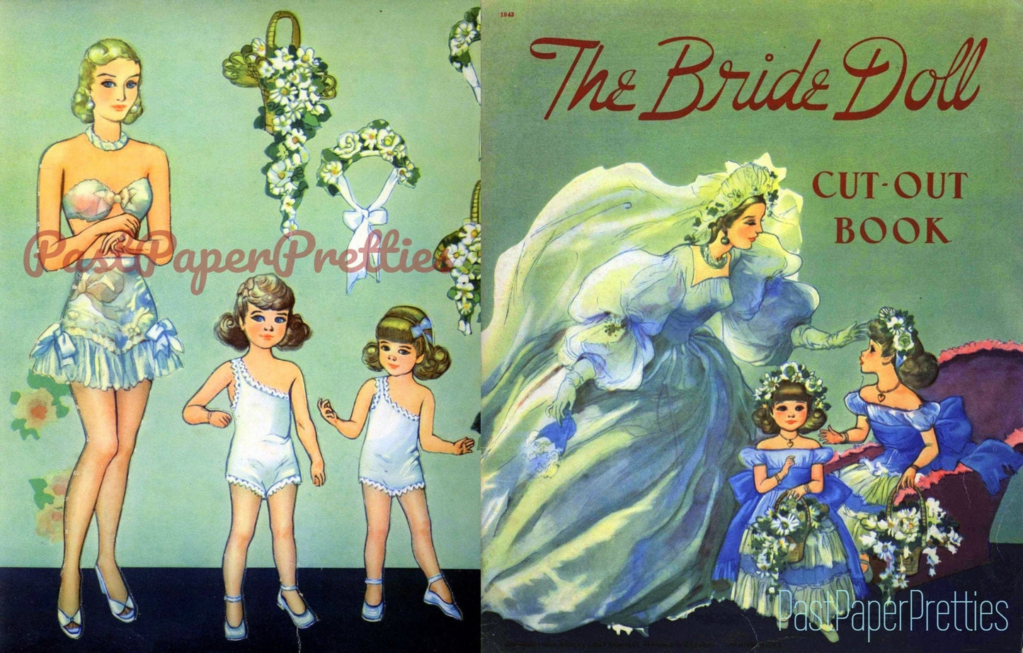 Vintage Paper Dolls The Bride Doll Cut-Out Book c. 1943 Printable PDF Instant Digital Download Beautiful Wedding Flower Girls Clip Art