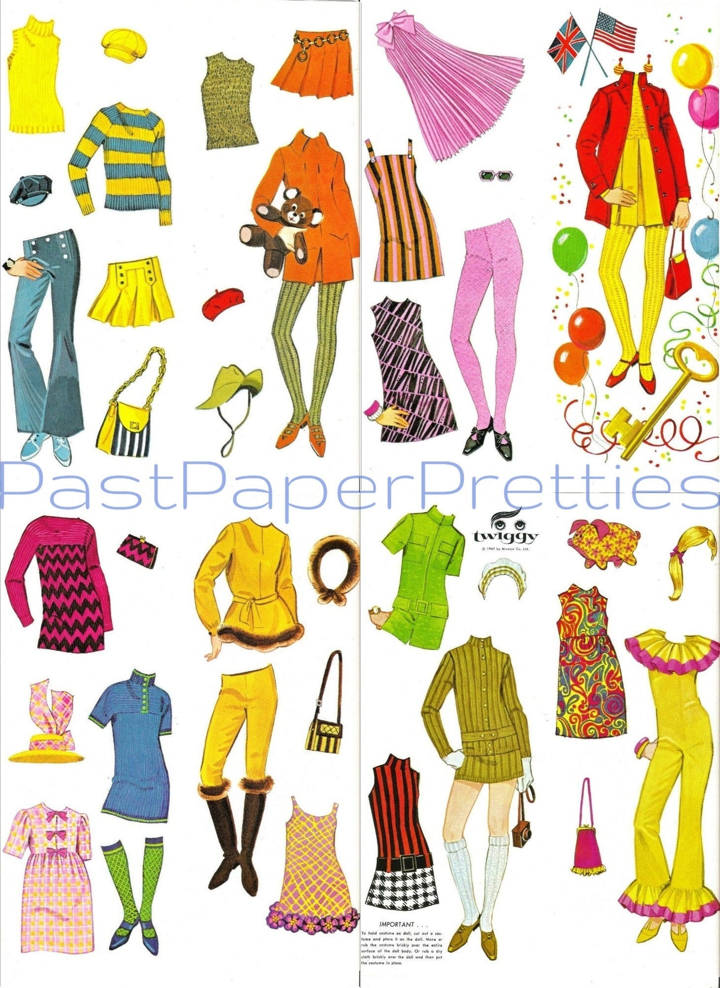 Vintage Paper Dolls Twiggy c. 1967 Printable PDF Instant Digital Download Sixties Fashion Model and Mod Clothing Clip Art