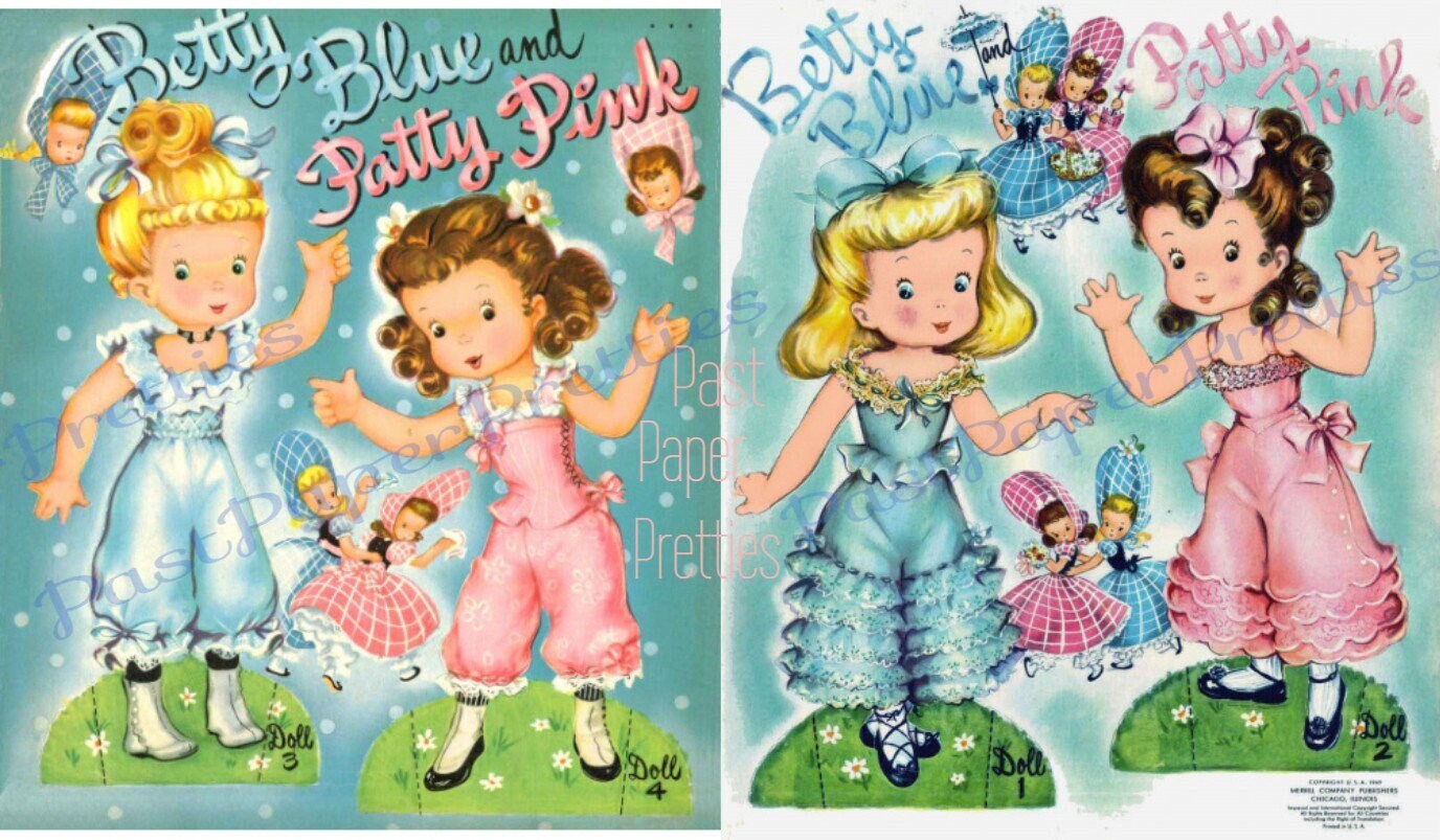Vintage Paper Dolls Betty Blue and Patty Pink c. 1949 PDF Instant Digital Download Kitschy Cute Kawaii Girls Printable Clip Art