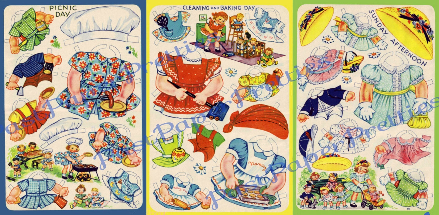 Vintage Paper Dolls Paper Dolly Fun c. 1944 Printable PDF Instant Digital Download Adorable Little Homemaker Girl and Her Dolls Clip Art